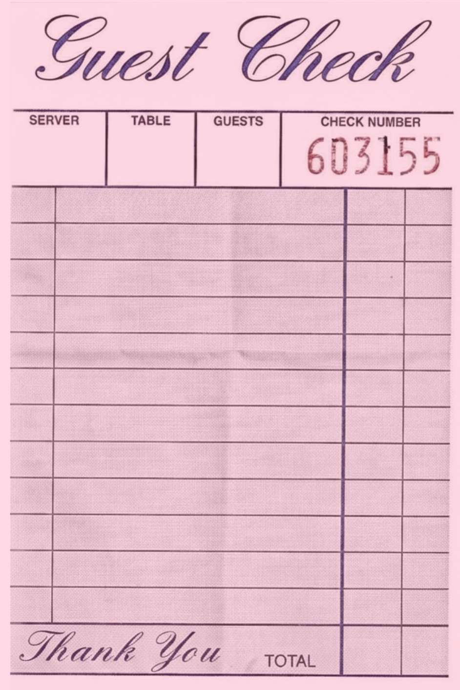 Guest check receipt